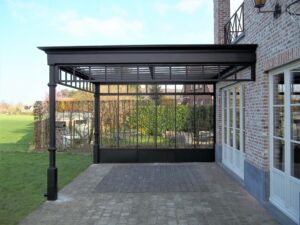 staal, stalen afdak, overkapping terras, afdak, terras, stalen, siersmeedwerk, smeedsierwerk, sierwerk